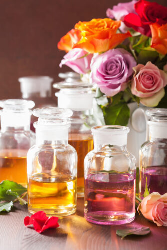 Essential oil and rose flowers aromatherapy spa perfumery